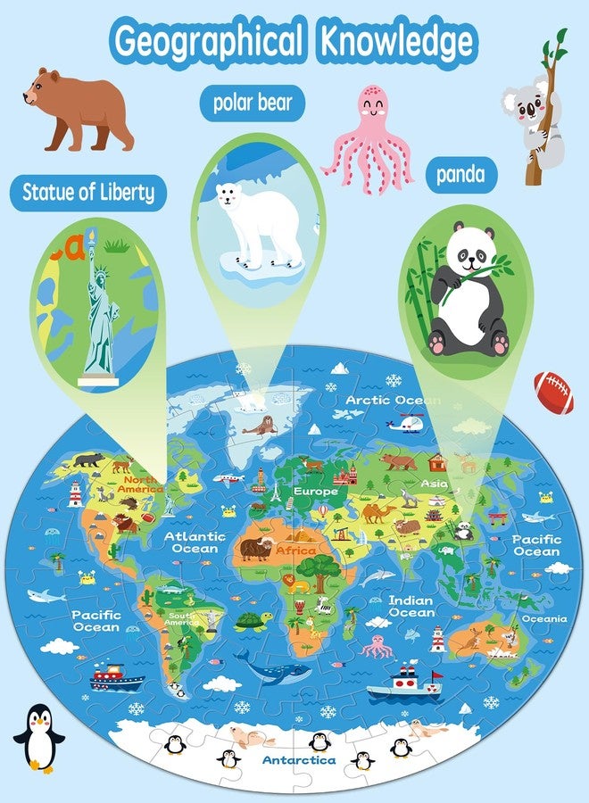 Ppotyo 72 Piece World Map Jigsaw Puzzle for Kids 3-5, 4-6 Globe Round Floor Puzzles Geography Educational Birthday Gifts Learning Resource Educational Montessori Toys (World Map) - Image 3